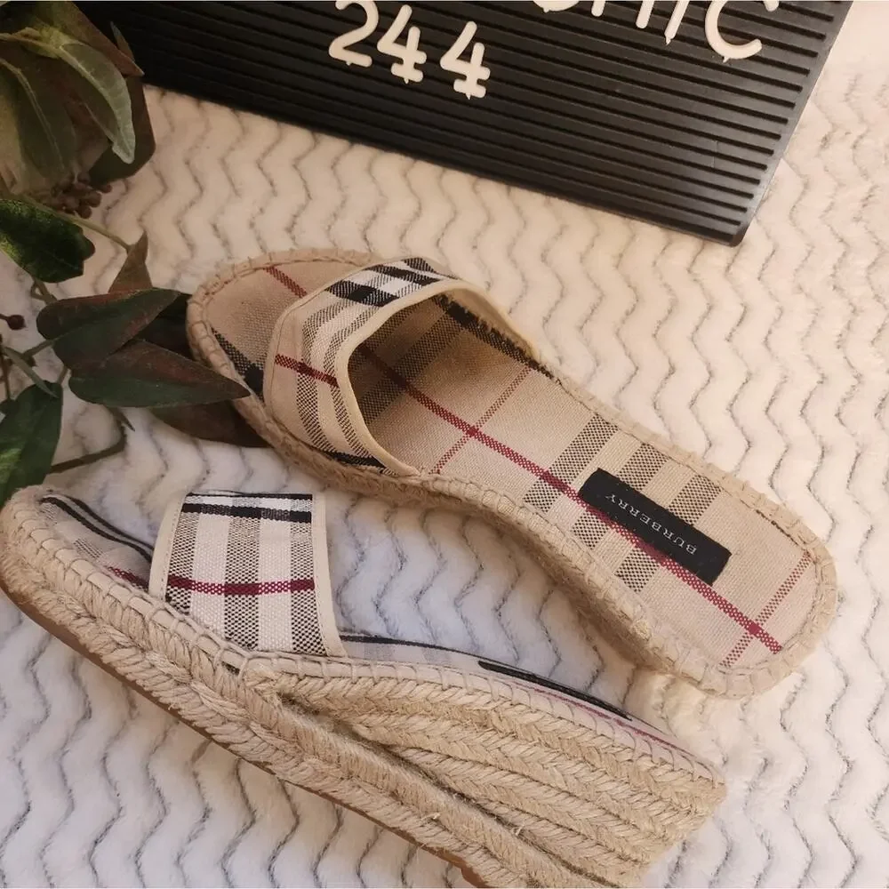 BURBERRY NOVACHECK PLAID CANVAS JUTE ESPADRILLES SIZE 37 6.5/7
